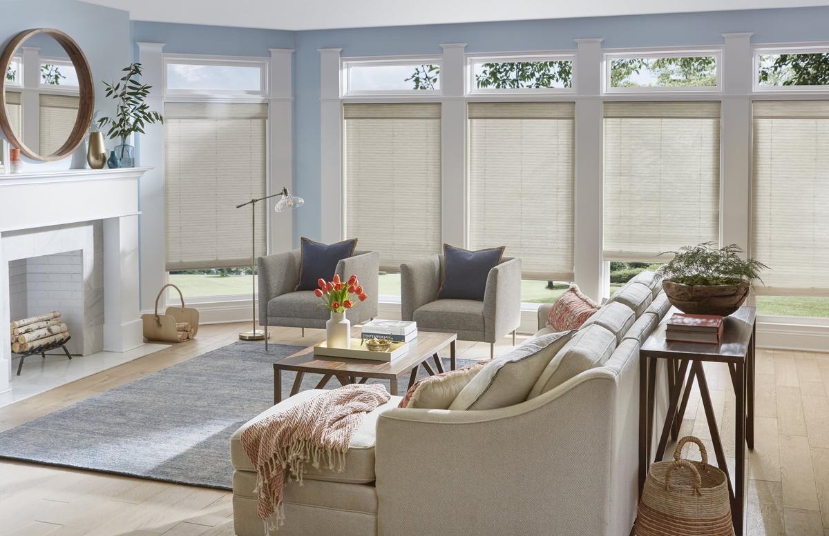 A bright Florida living room controls natural light with roller shades - vu window treatments, fl