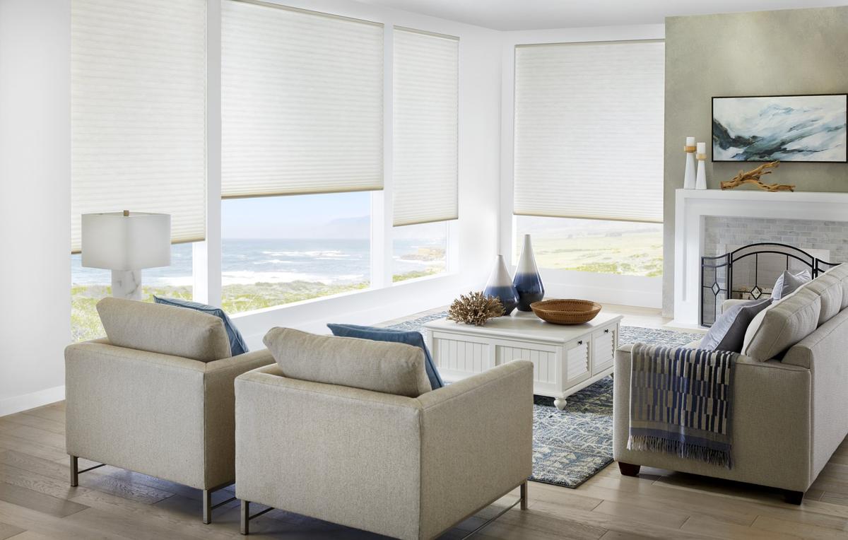 A living room overlooking the sea regulates light with motorized shades -vu windowtreatments