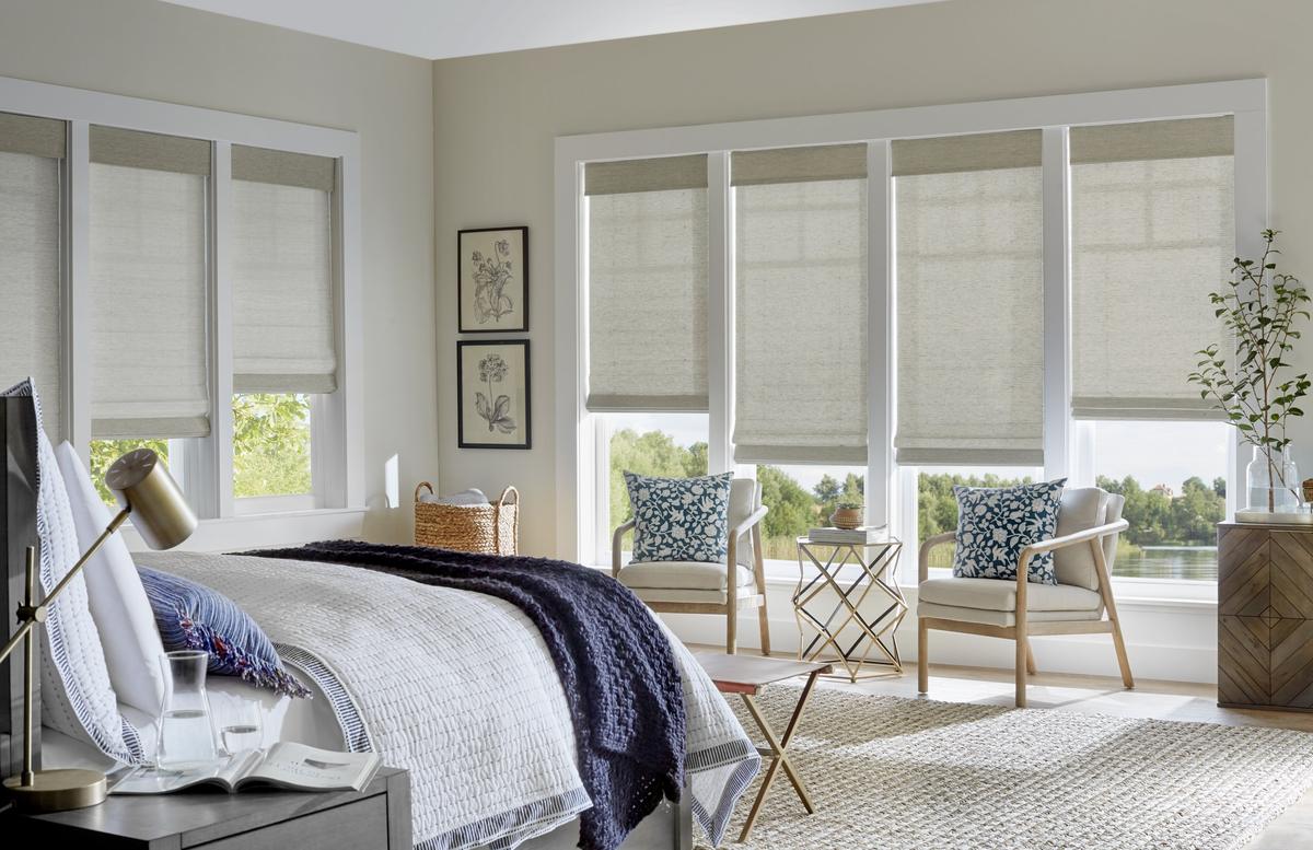 A comfortable living room with abundant plants has natural light filtered through dual shades (zebra shades) - vu window treatments, fl