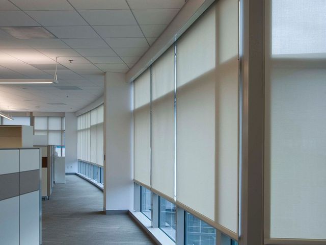 Roller shades along the glass of an office corridor in Lake Mary