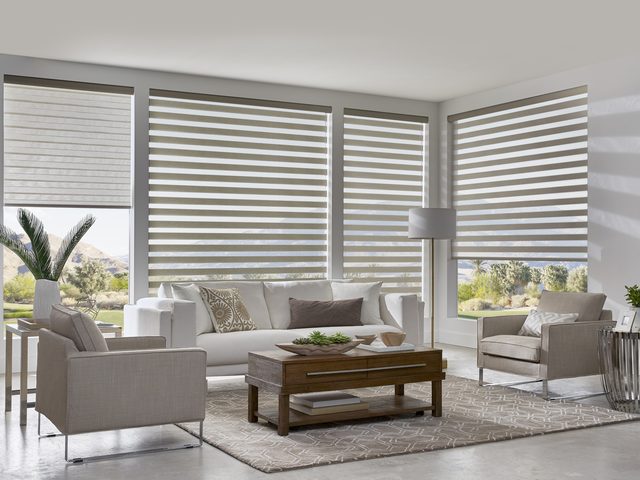 Dual shades filtering light in a bright Central Florida living room