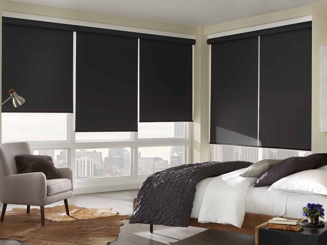 Dark roller shades lowered against west-facing afternoon heat