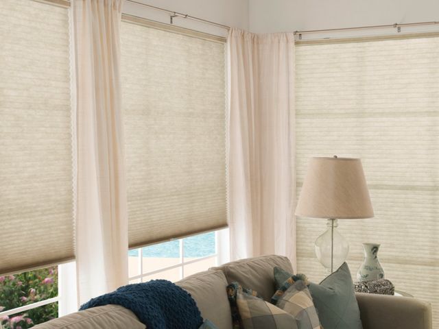Cellular shades with sheer side panels in a living room