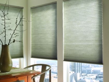 Green cellular shades on corner windows